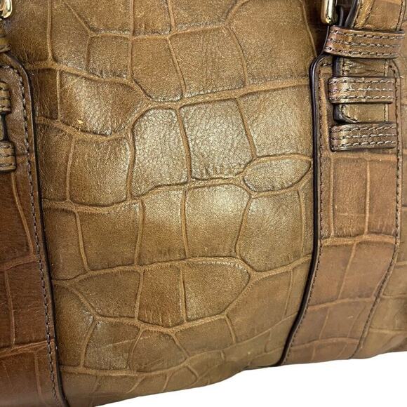 Perlina Womens Brown Croc Embossed Leather Double Handle Shoulder Bag Purse - Picture 2 of 16